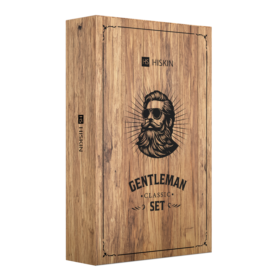 Hiskin Męska Skrzynia zestaw: żel do mycia, 330 ml + żel do mycia, 100 ml + karta antybakteryjna, 30 ml + olejek do brody, 30 ml + pomada do brody ...
