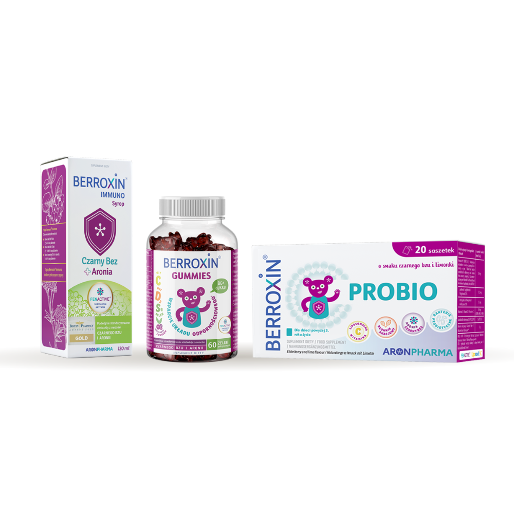 AronPharma Berroxin Immuno + Berroxin Probio + Berroxin Gummies zestaw: suplement diety w formie syropu, 120 ml + suplement diety w saszetkach, 20 ...