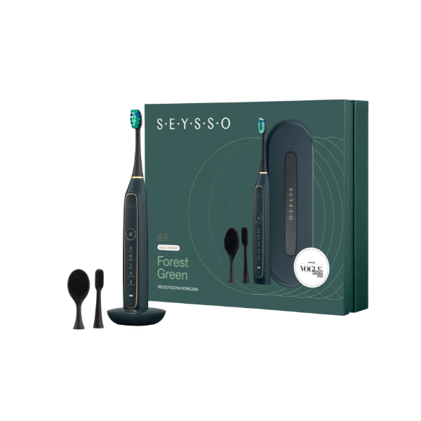 Seysso Gold Forest Green zestaw: szczoteczka soniczna do mycia zębów, 1 szt. + etui podróżne, 1 szt. + wymienne końcówki, 3 szt. + wymienna końcówk...