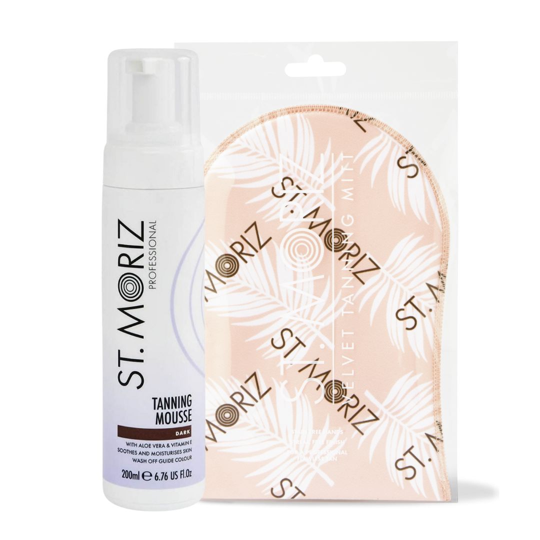ST.Moriz Professional zestaw: rękawica premium do aplikacji samoopalaczy, 1 szt. + samoopalacz w piance do ciała i twarzy odcień ciemny, 200 ml