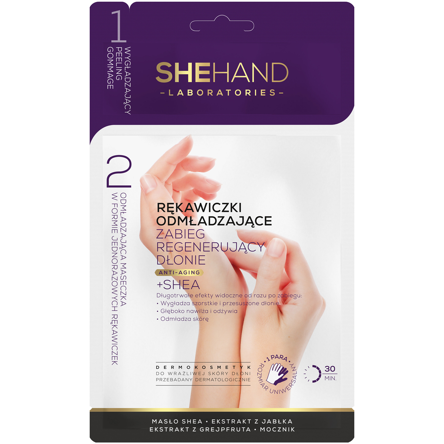 Shehand Gomage zestaw: peeling do dłoni, 1 sasz. + maska do dłoni w postaci rękawiczek, 1 para