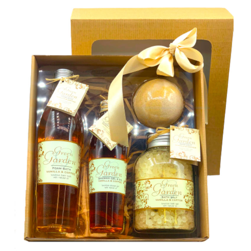 Green Garden Vanilla&Coffee zestaw: żel pod prysznic, 250 ml + płyn do kąpieli, 400 ml + kula do kąpieli, 100 g + sól do kąpieli Wanilia Kawa, 600 g