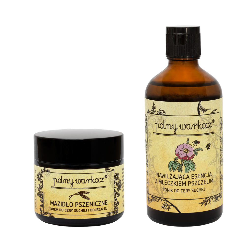 Polny Warkocz zestaw: krem pszeniczny do twarzy, 50 ml + nawilżająca esencja-tonik z mleczkiem pszczelim do cery suchej, 100 ml