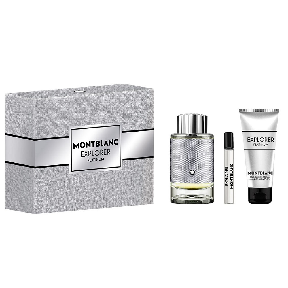 Mont Blanc Explorer Platinum zestaw: woda perfumowana męska, 100 ml + miniatura wody perfumowanej, 7,5 ml + żel pod prysznic, 100 ml