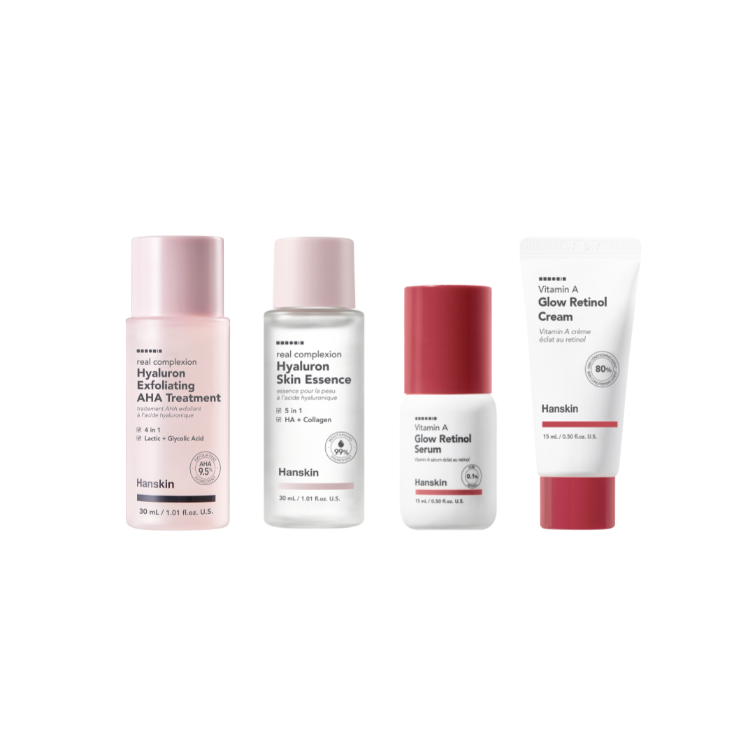 Hanskin Youth Energy On The Go zestaw: hialuronowa kuracja nawilżająca z kwasami AHA, 30 ml + hialuronowa esencja do skóry, 30 ml + serum rozświetl...