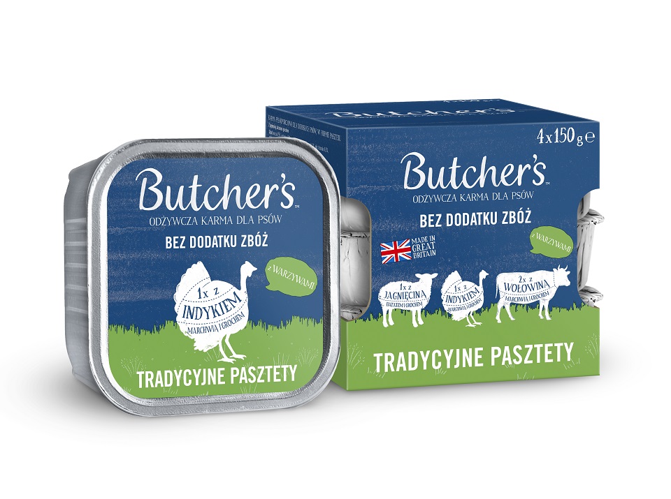 BUTCHER'S Original Tradycyjne pasztety Mix smaków z warzywami (z jagnięciną, z indykiem i z wołowiną) 4x150 g