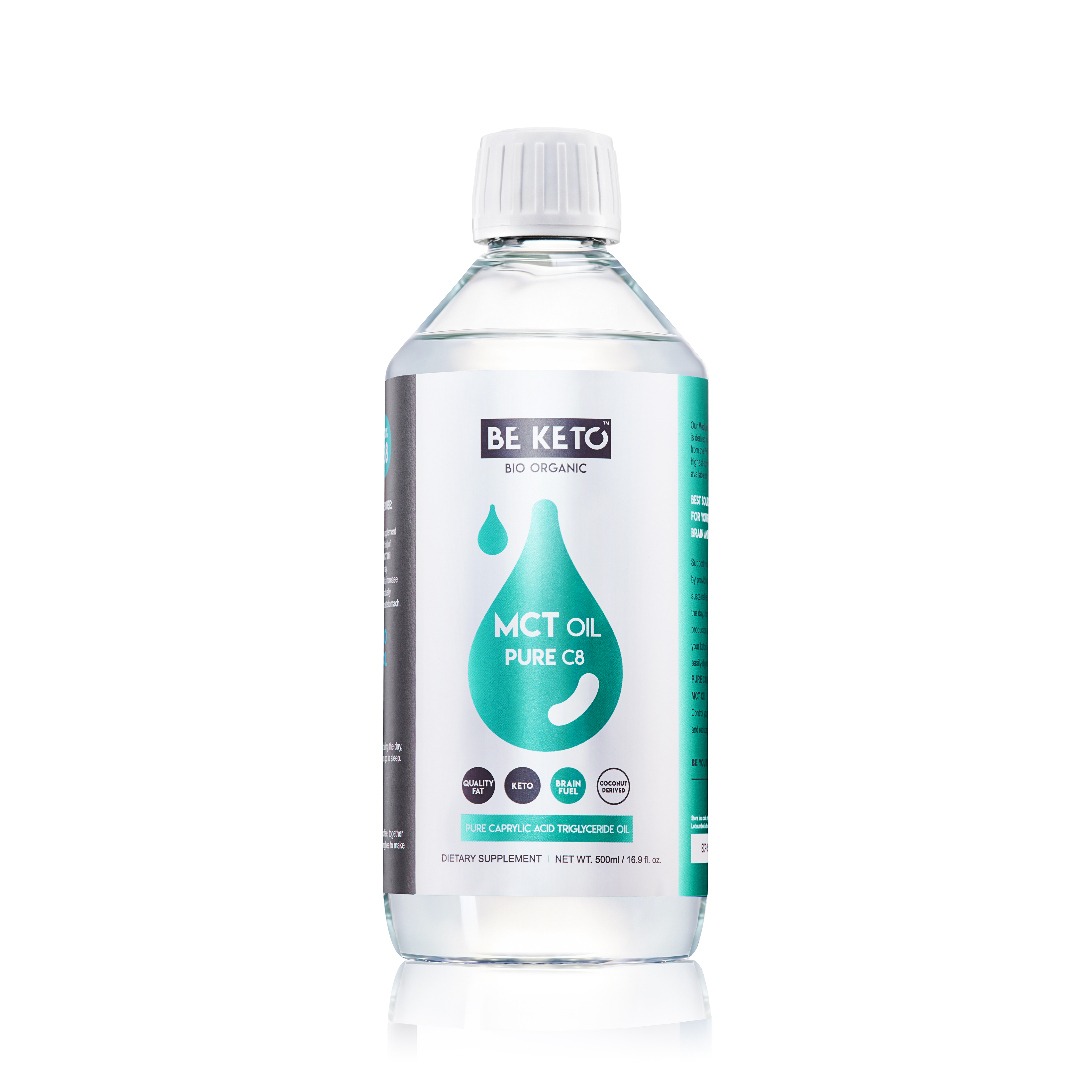 Be Keto organiczny olej MCT 100% C8 z kokosa, płynny, 500 ml
