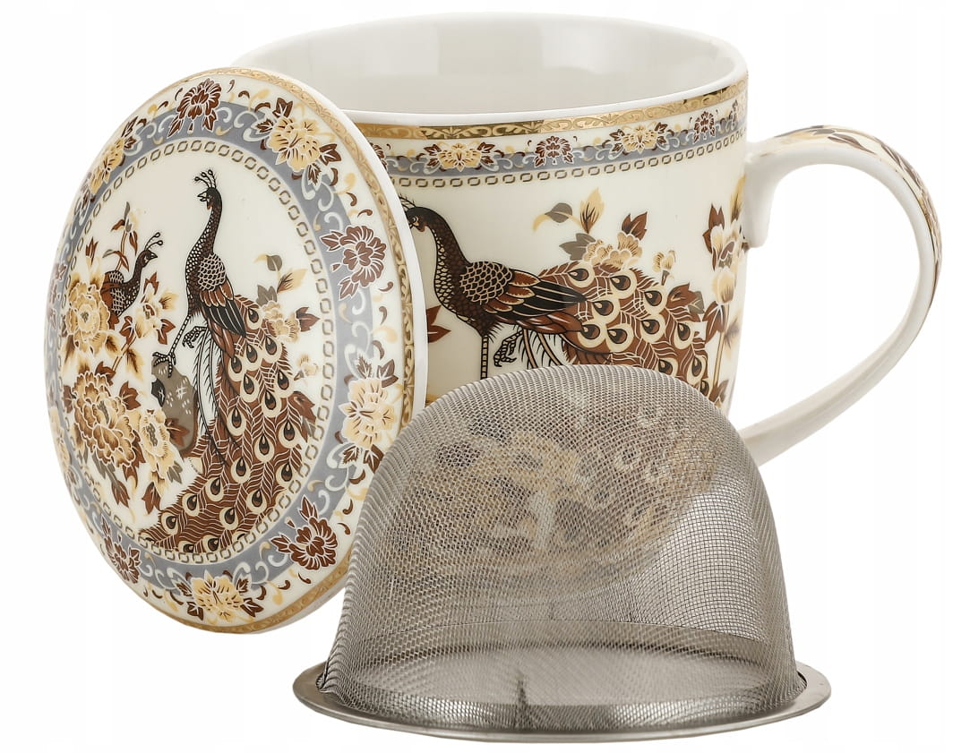 Kubek porcelanowy z zaparzaczem z motywem pawia 350ml