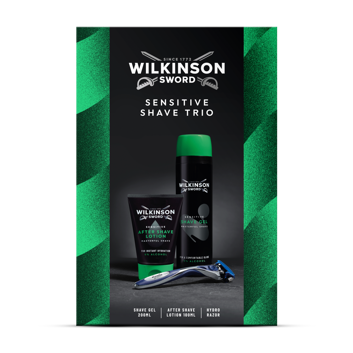 Wilkinson Sensitive Shave Trio zestaw: żel do golenia, 200 ml + maszynka do golenia Hydro 5, 1 szt. + balsam po goleniu, 100 ml  