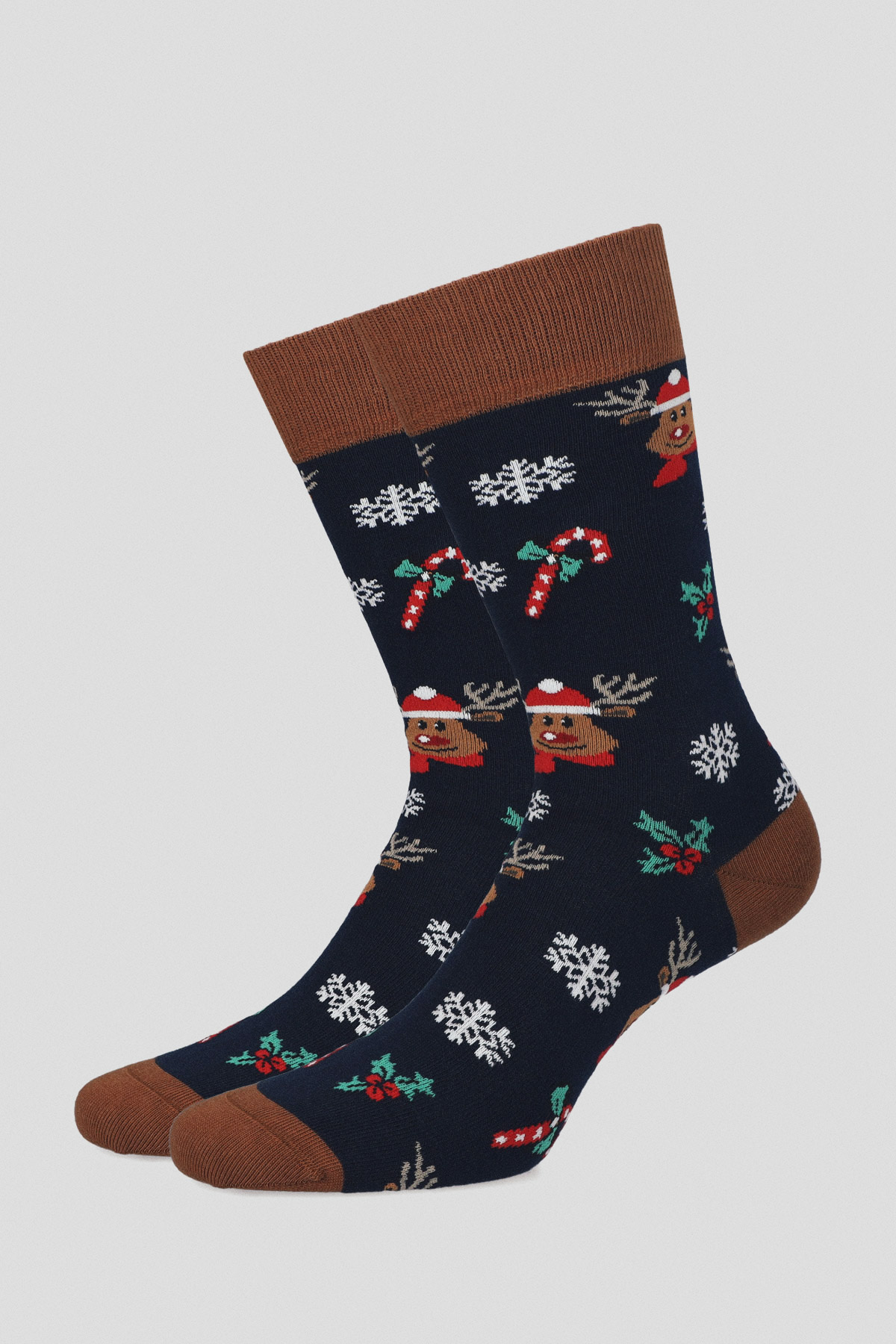 Lancerto Skarpety Świąteczne Granatowo-Brązowe w Śnieżynki i Renifery