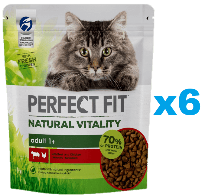 PERFECT FIT Natural Vitality 1+ sucha karma pełnoporcjowa dla dorosłych kotów z wołowiną i kurczakiem 6x650 g