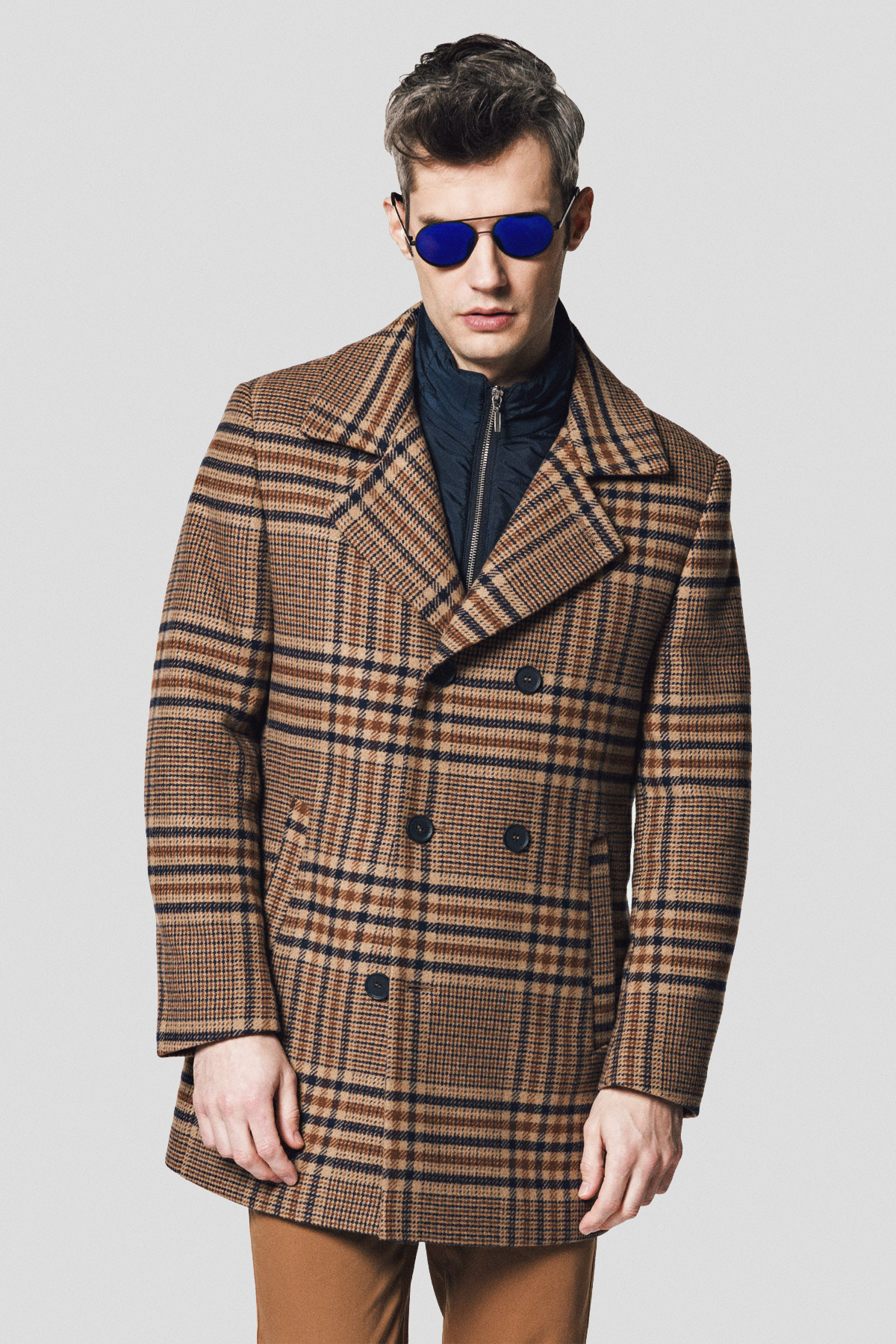 Lancerto Płaszcz Dwurzędowy Brązowo-Beżowy w Kratę z Wełną Dortmund
