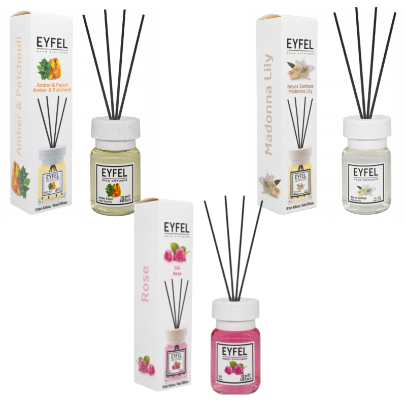 Eyfel zestaw zapachów do domu: zapach bursztyn i paczula, 120 ml + zapach biała lilia, 120 ml + róża, 120 ml