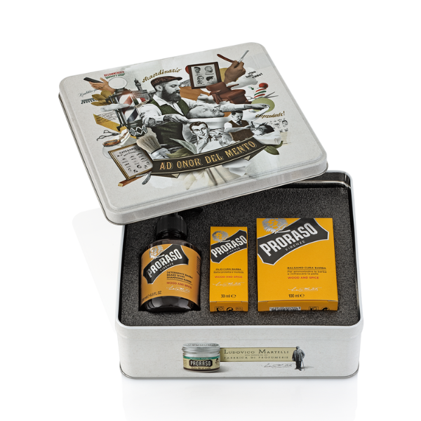 Proraso Metal Box Beard Care Wood and Spice zestaw do pielęgnacji brody dla mężczyzn: szampon, 200 ml + balsam, 100 ml + olejek, 30 ml