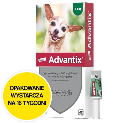 Krople na pchły i kleszcze ADVANTIX Spot-on Bardzo małe psy (do 4 kg) 4 x 0.4 ml Ochrona przez 16 tygodni
