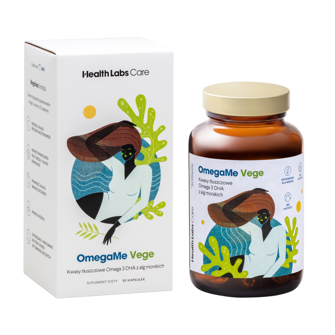 Health Labs Care OmegaMe Vege kwasy tłuszczowe Omega 3 DHA z alg morskich z witaminą D3 suplement diety, 60 kaps./1 opak.