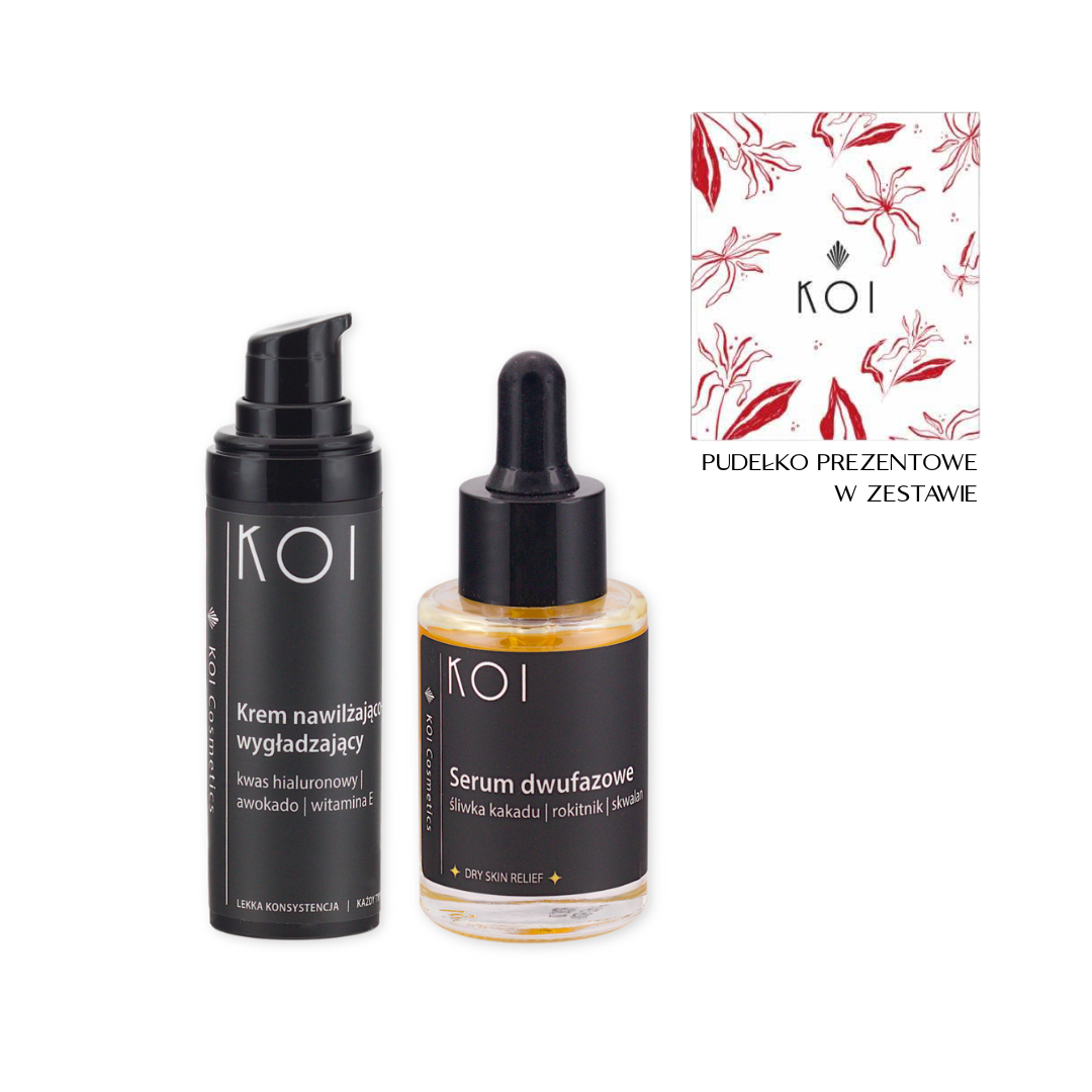 KOI Cosmetics Świąteczny czas, Rozświetlona Twarz świąteczny zestaw prezentowy: serum dwufazowe, 30 ml + krem  nawilżająco-wygładzający, 30 ml 