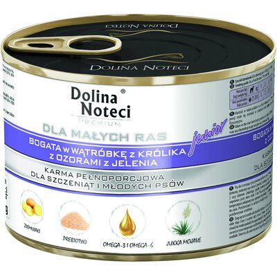 Karma dla psa DOLINA NOTECI Premium Junior bogata w wątróbkę z królika z ozorami jelenia 185 g