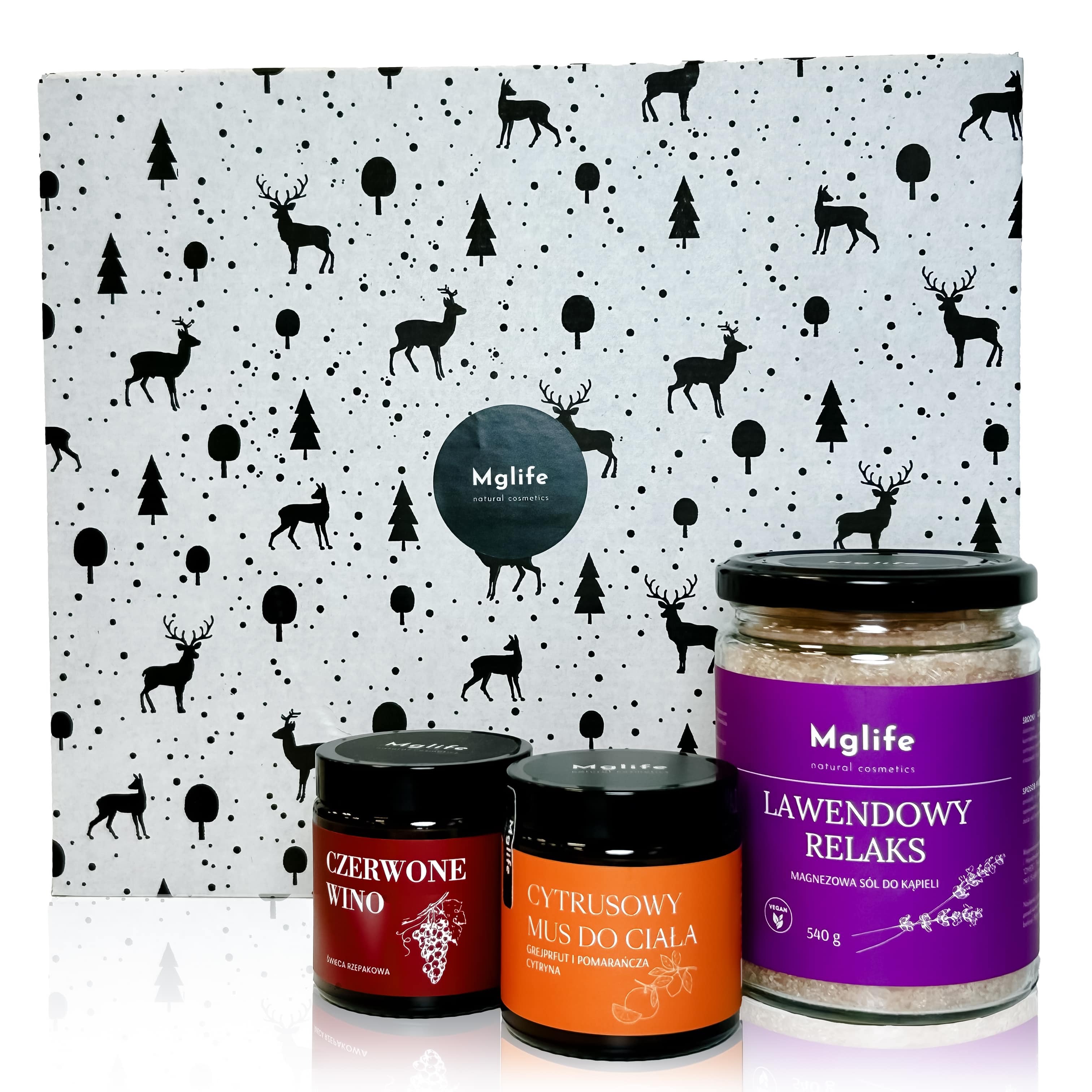 Mglife Rozgrzewające Wino zestaw: świeca czerwone wino, 120 ml + magnezowa sól do kąpieli lawendowy relaks, 120 ml + cytrusowy mus do ciała, 120 ml