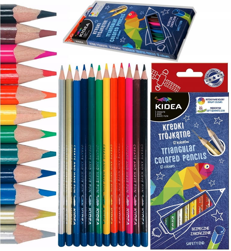 KIDEA kredki szkolne ołówkowe trójkątne 12 kolorów