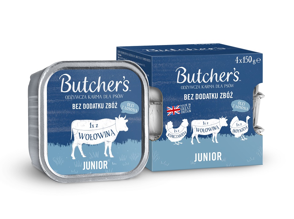 BUTCHER'S Original Junior Mix smaków pasztet z kurczakiem, z wołowiną i z indykiem dla szczeniąt 4x150 g