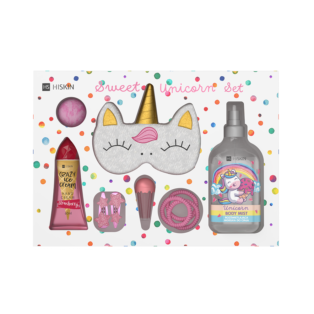 Hiskin Unicorn zestaw: opaska na oczy Unicorn, 1 szt. + błyszczyk w kształcie różowego rożka, 5 ml + truskawkowy krem do rąk, 60 ml + rozświetlając...