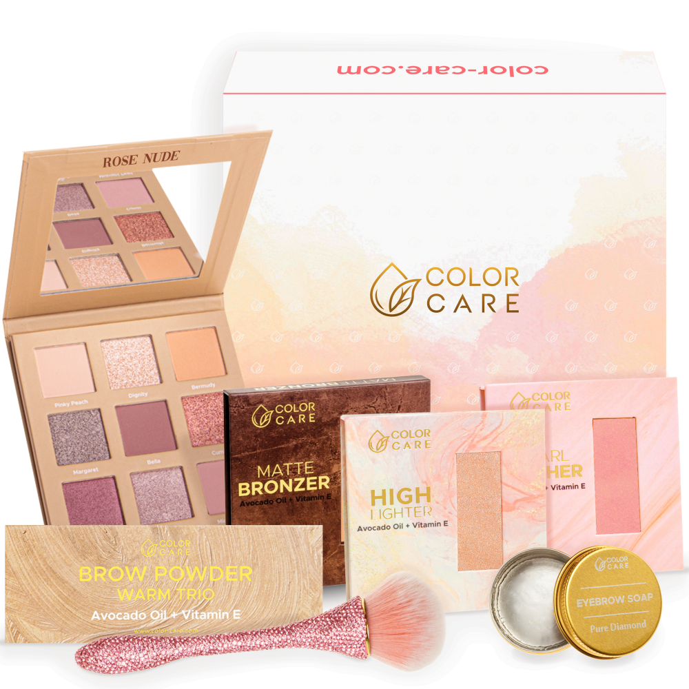 Color Care GlowUp zestaw Caramel: paleta cieni do powiek, 22,5 g + róż, 8 g + bronzer, 8 g + rozświetlacz, 8 g + mydełko do stylizacji brwi, 17 g +...