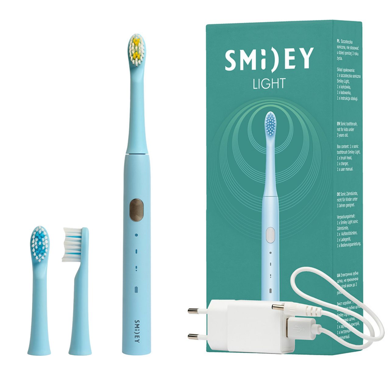 Smiley Light zestaw: szczoteczka soniczna niebieska, 1 szt. + dodatkowe końcówki, 2 szt.