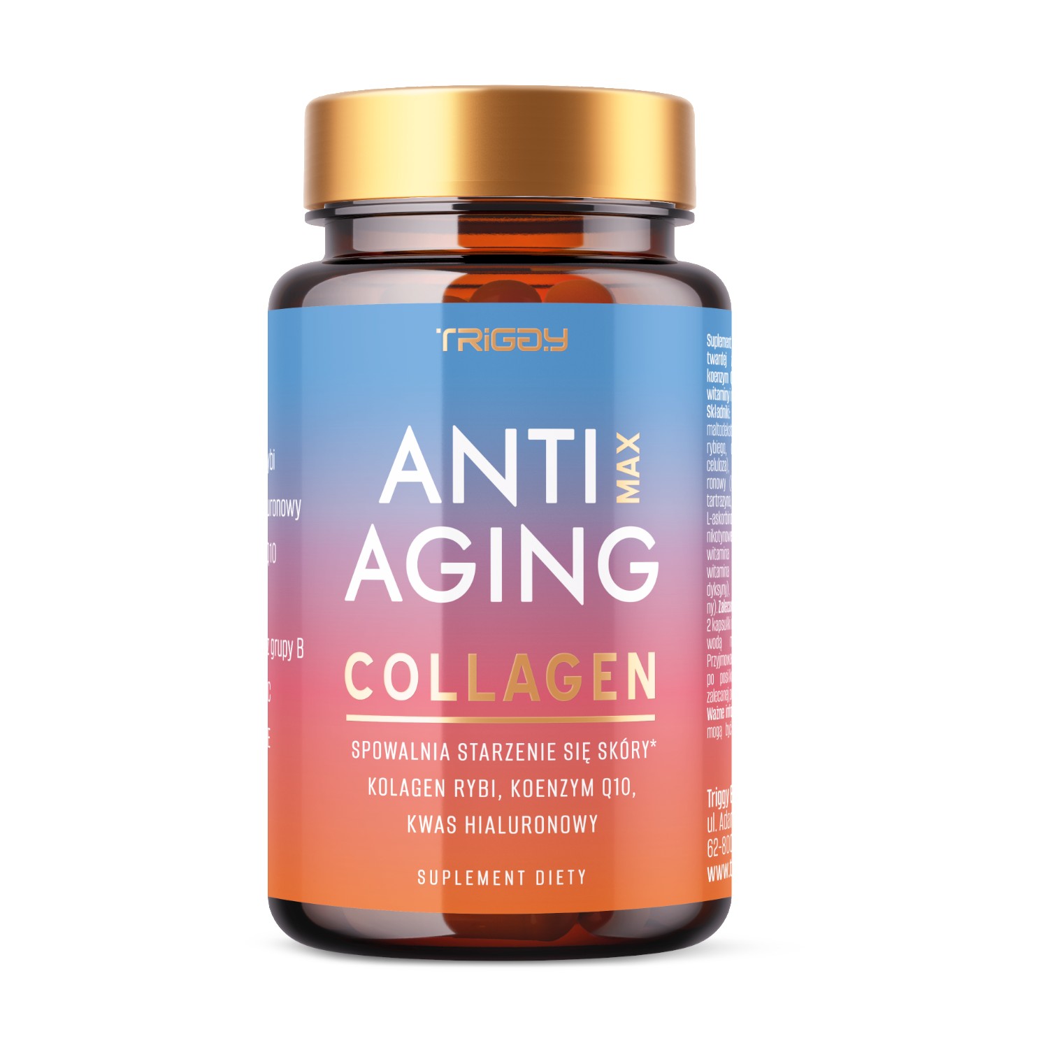 Triggy AntiAging suplement diety w formie kapsułki twardej zawierający kolagne rybi, koenzym Q10, kwas hialuronowy oraz witaminy i minerały, 60 kap...