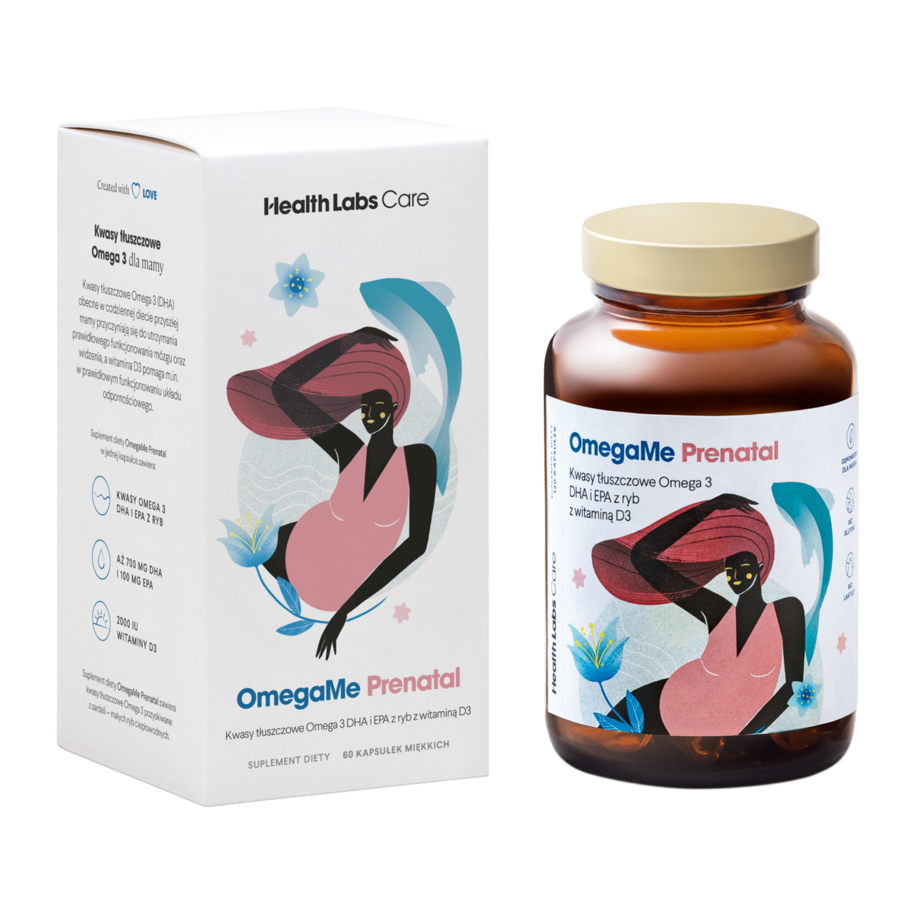 Health Labs Care OmegaMe Prenatal suplement diety kwasy tłuszczowe Omega 3 DHA i EPA z ryb z witaminą D3, 60 kaps./1 opak.