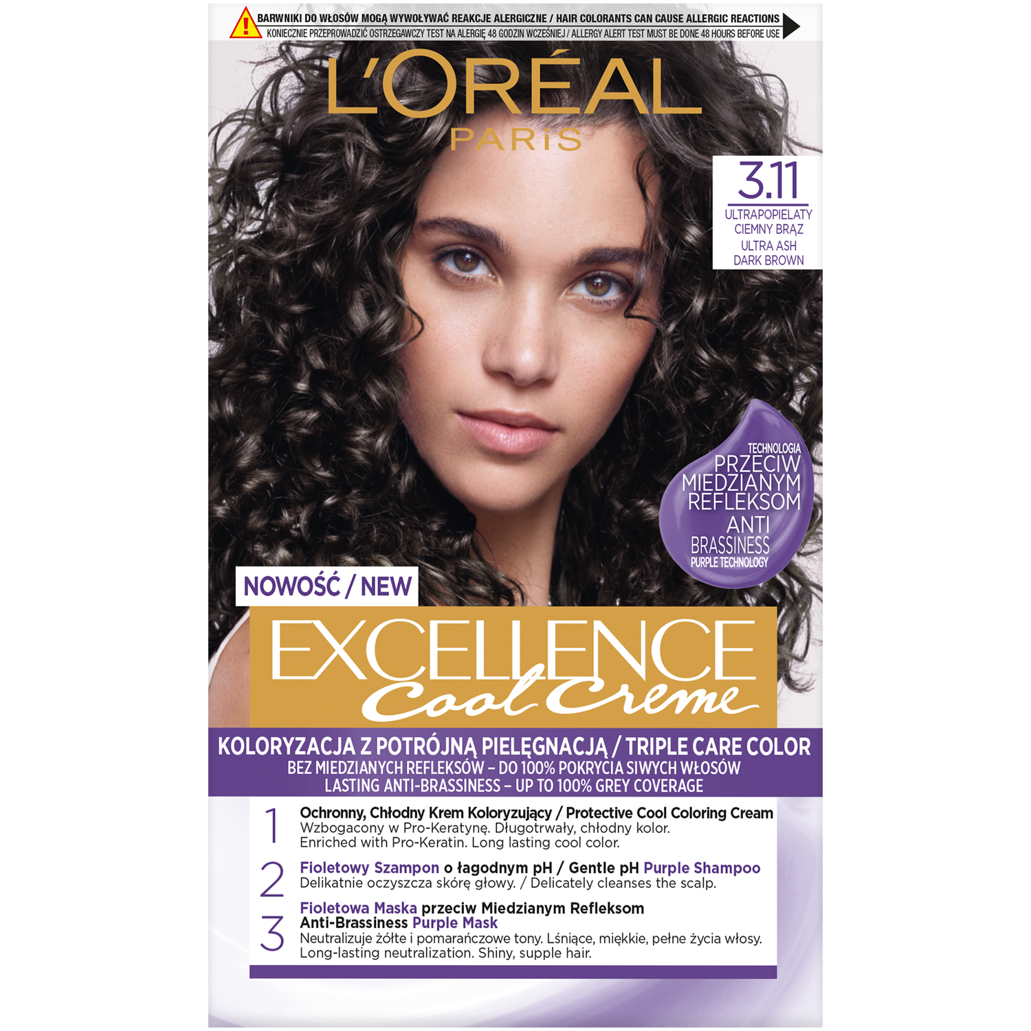 L'Oréal Paris Excellence Cool Creme farba do włosów 3.11 ultrapopielaty ciemny brąz, 1 opak.