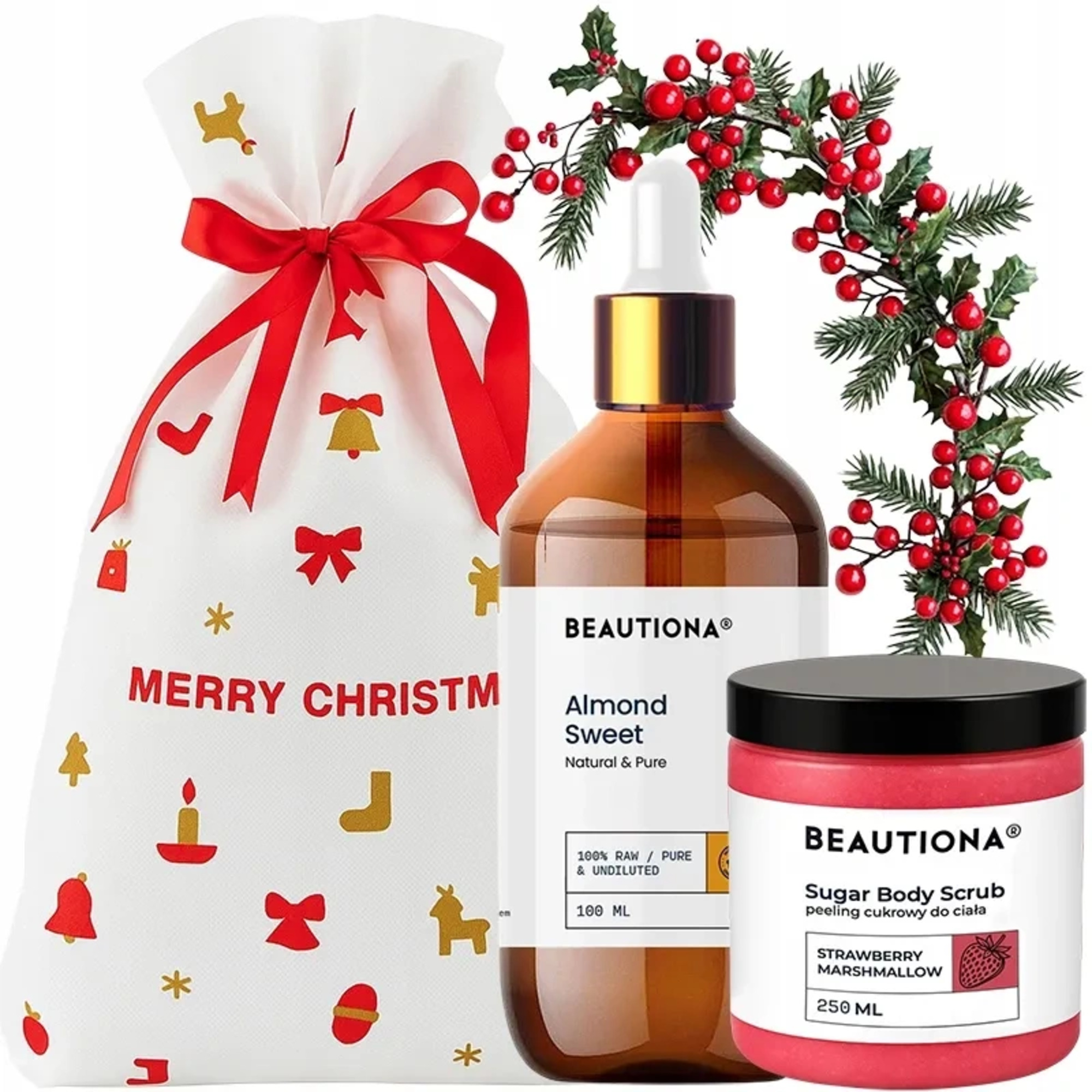 Beautiona zestaw pielęgnacyjny z olejem migdałowym i peelingiem cukrowym, 1 szt.