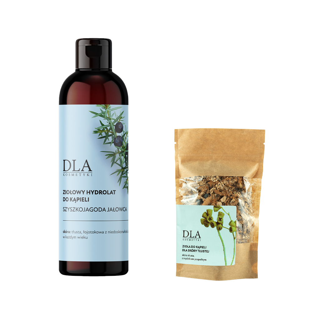 Kosmetyki DLA zestaw: zioła do kąpieli skóry trądzikowej, 50 g + woreczek jutowy do zaparzania ziół, 1 szt. + ziołowy hydrolat do kąpieli szyszkoja...