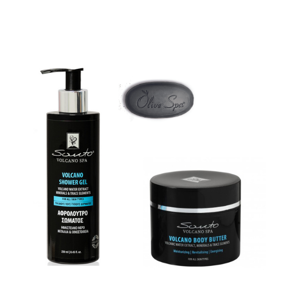 Santo Volcano Spa zestaw kosmetyków nawilżanie ciała: intensywnie nawilżające masło, 200 ml + żel pod prysznic, 250 ml + czarne mini mydło do twarz...