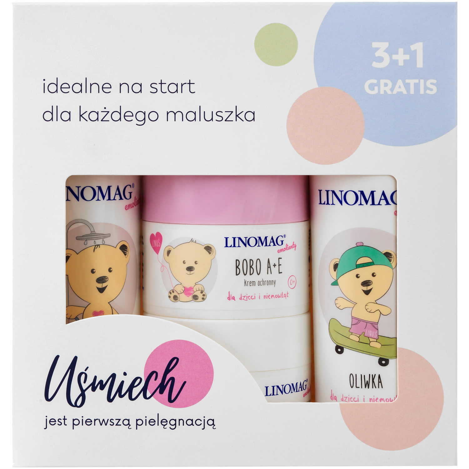 Linomag zestaw: żel do mycia ciała, 200 ml + oliwka, 200 ml + krem ochronny, 50 + krem pod pieluchę, 50 ml