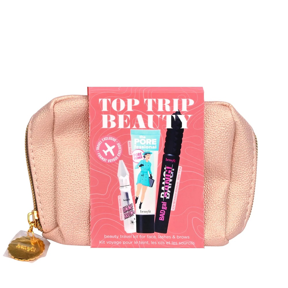 Benefit Top Trip Beauty Set zestaw: baza minimalizująca widoczność porów, 22 ml + żel do brwi, 3 g + tusz do rzęs, 8,5 g