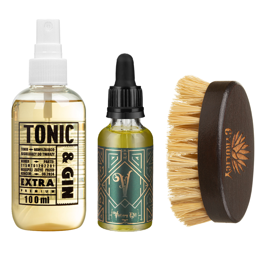 Cyrulicy Zwycięzca zestaw kosmetyków dla mężczyzn: olejek do brody, Victory, 30 ml + tonik do twarzy Tonic&Gin, 100 ml + kartacz do brody z agawy, ...