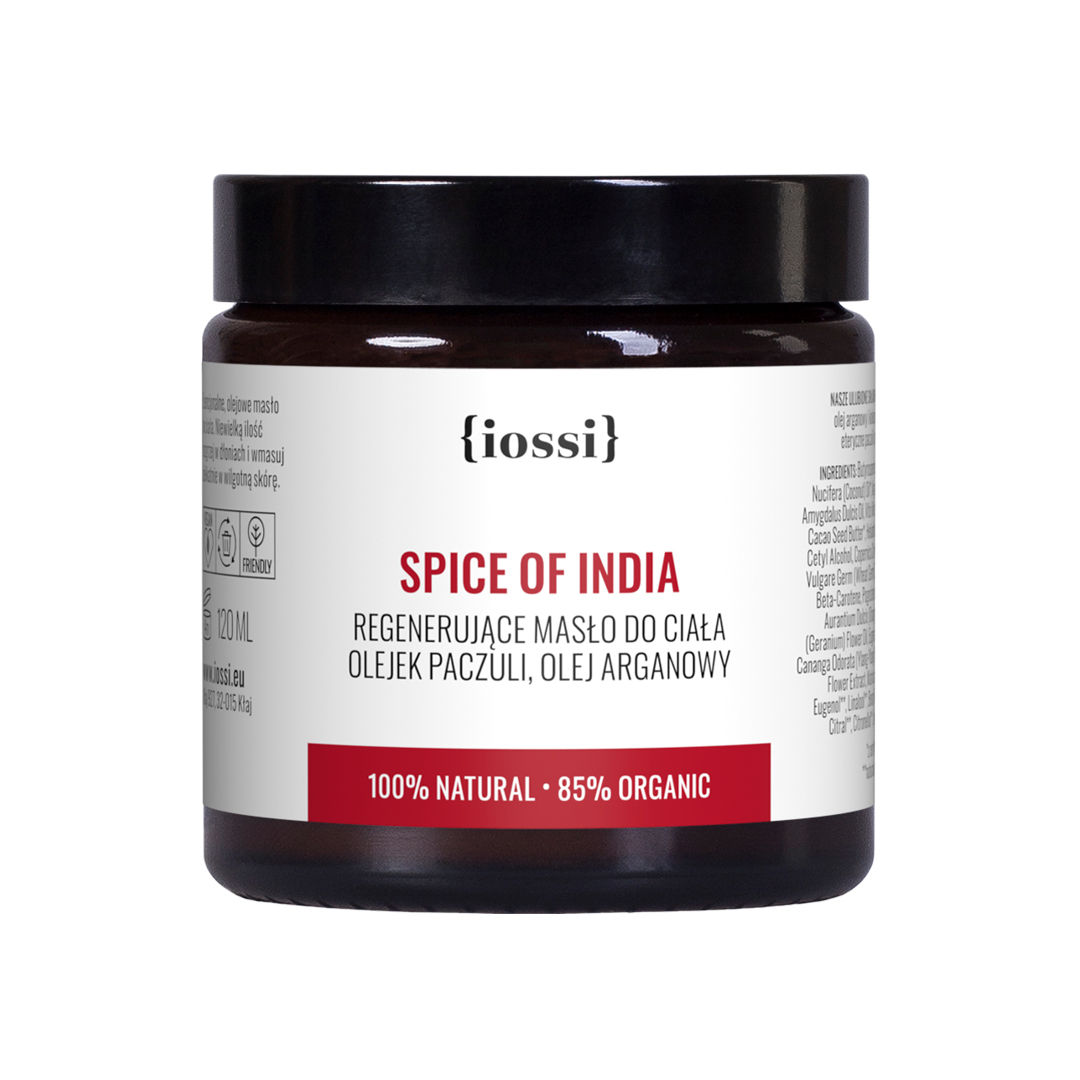 iossi, Spice of India, regenerujące masło do ciała z olejkiem paczuli i olejem arganowym, 120 ml