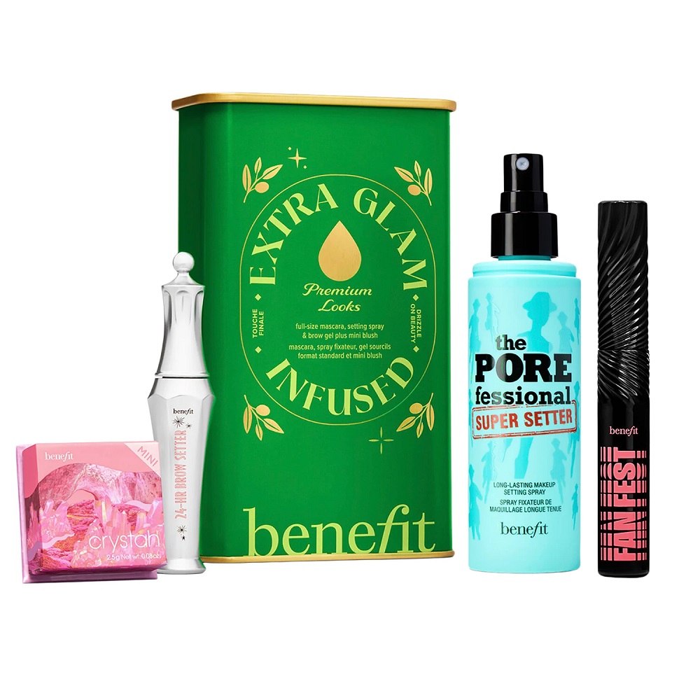 Benefit Extra Glam Infused zestaw: tusz do rzęs, 8,5 g + spray utrwalający makijaż, 30 ml + żel do brwi, 7 ml + różowo-truskawkowy róż do policzków...