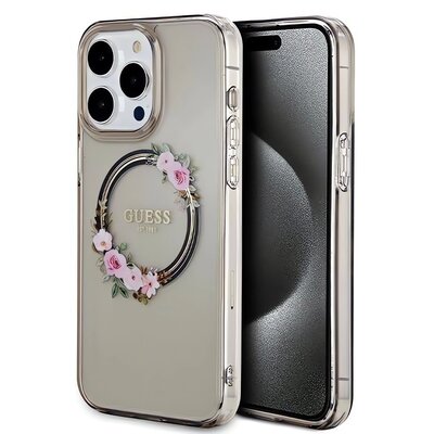 Etui GUESS IML Flowers Wreatch MagSafe do Apple iPhone 15 Pro Max Czarny