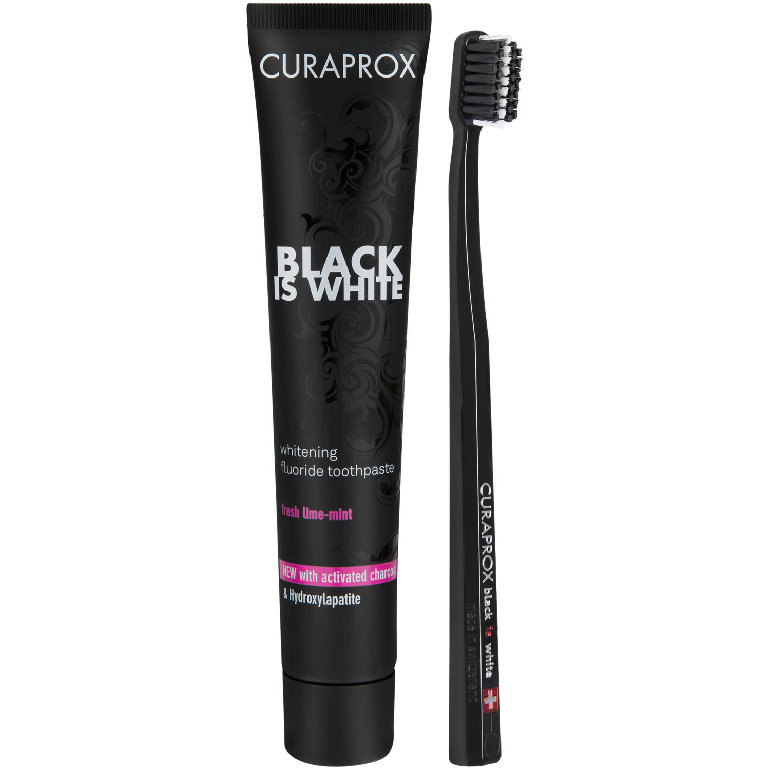 Curaprox Black & White zestaw: pasta do mycia zębów z węglem aktywnym, 90 ml + szczoteczka czarna do zębów, 1 szt.