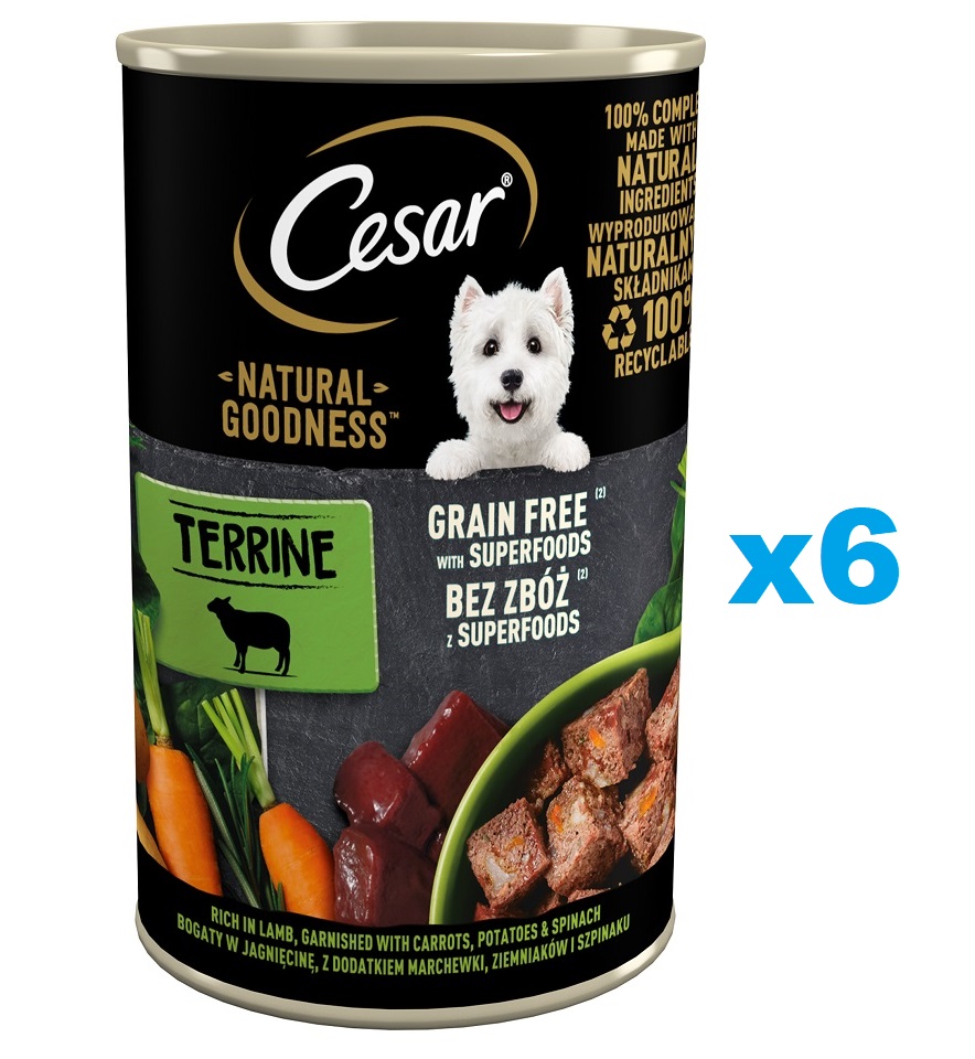 CESAR Natural Goodness w terynie 6x400 g bogata w jagnięcinę z dodatkiem marchewki, ziemniaków i szpinaku