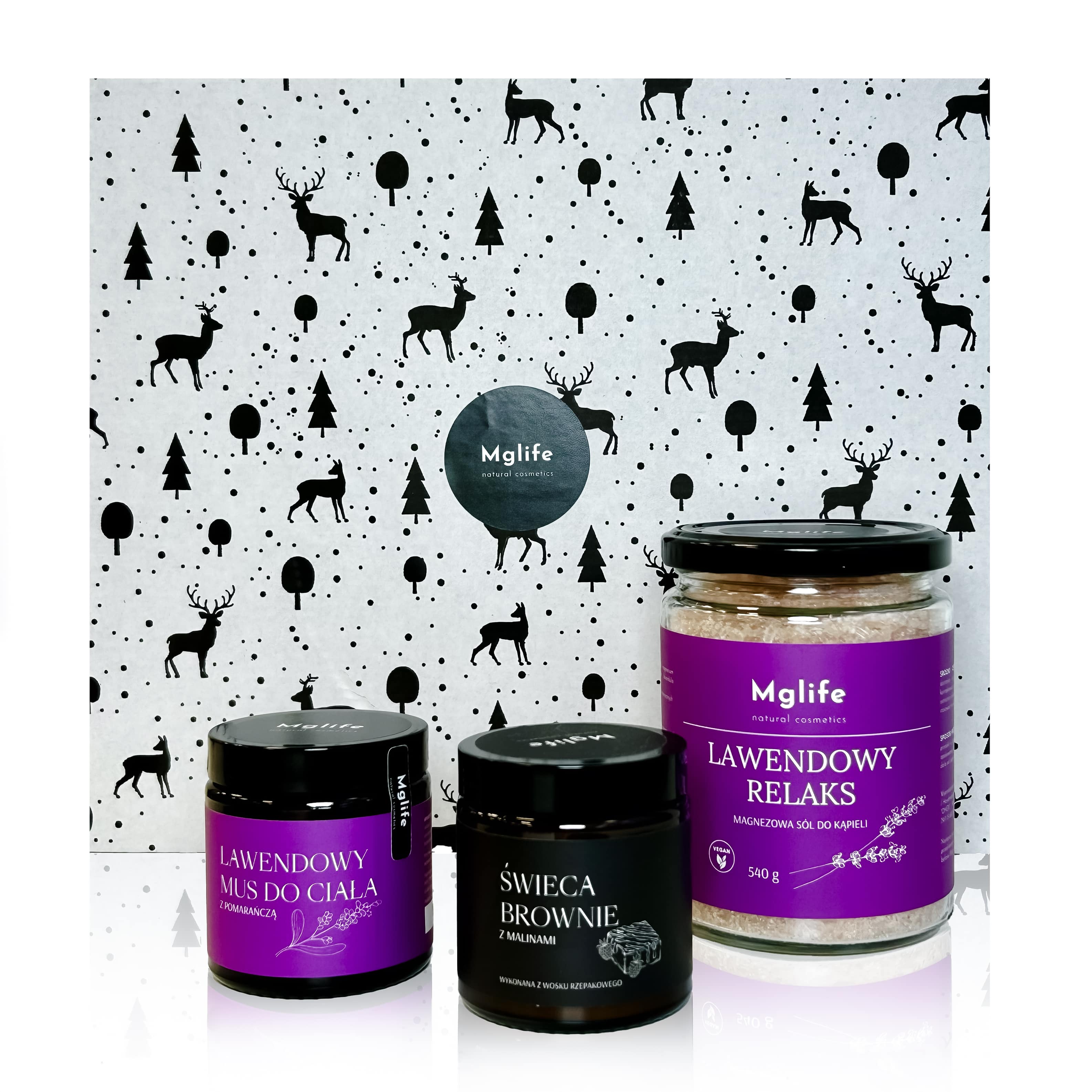 Mglife Lawendowe Marzenie zestaw: magnezowa sól do kąpieli lawendowy relaks, 540 g + lawendowy mus do ciała, 120 ml + świeca brownie, 120 ml