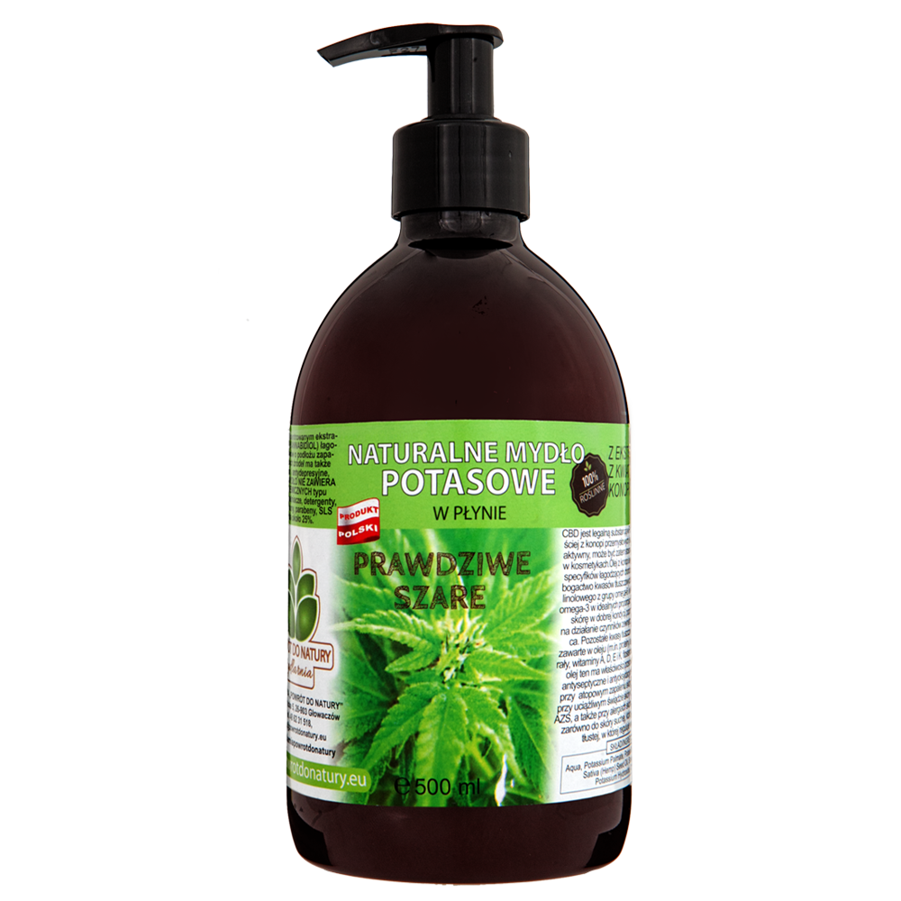 Powrót do natury Prawdziwe szare 100% roślinne naturalne mydło potasowe w płynie "prawdziwe szare” z ekstraktem kwiatów konopi CBD, 500 ml