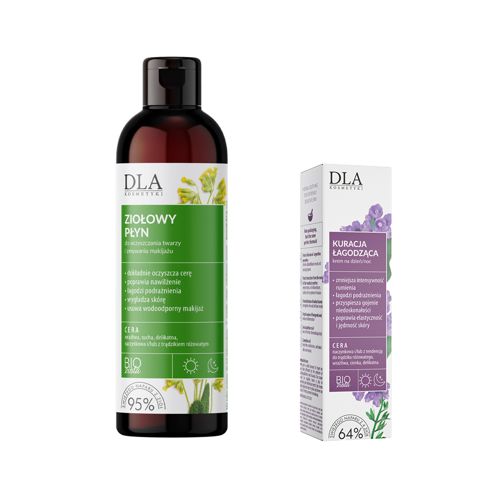 Kosmetyki DLA Kuracja Łagodząca zestaw do cery naczynkowej i dotkniętej trądzikiem różowatym: krem na dzień i na noc, 30 g + ziołowy płyn do mycia ...