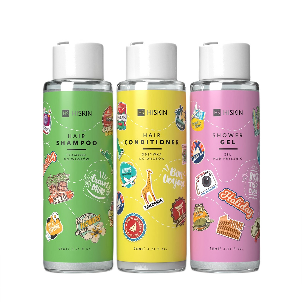 Hiskin Travel Set zestaw: szampon do włosów, 95 ml + odżywka do włosów, 95 ml + żel pod prysznic, 95 ml