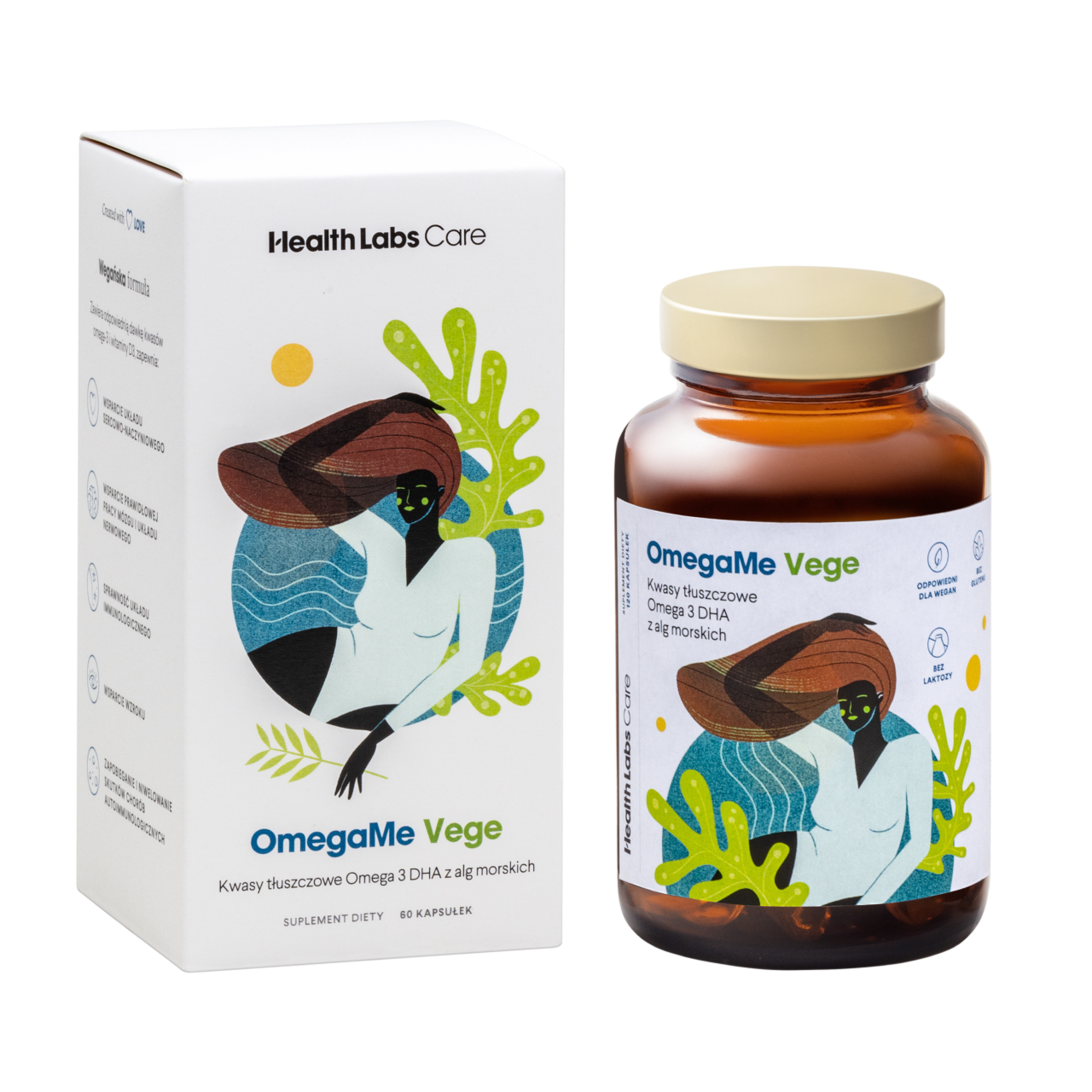 Health Labs Care OmegaMe Vege kwasy tłuszczowe Omega 3 DHA z alg morskich z witaminą D3 suplement diety, 60 kaps./1 opak.