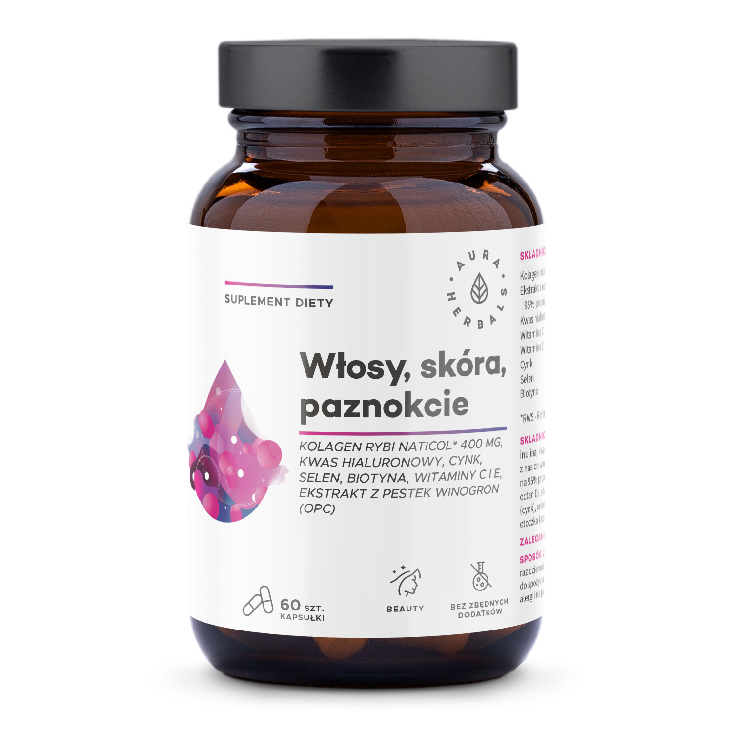 Aura Herbals suplement diety kolagen rybi NatiCol®, 800 mg, Włosy, Skóra, Paznokcie, 60 kaps./1 opak.