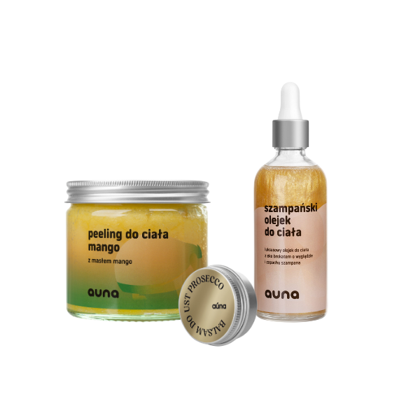 Auna Bestseller zestaw: balsam do ust prosecco, 15 ml + olejek szampański, 100 ml + peeling do ciała mango, 250 ml