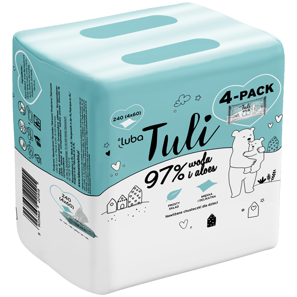 Luba Tuli pielęgnujące chusteczki nawilżane o prostym składzie na bazie 97% wody i aloesu, 240 szt./1 opak.